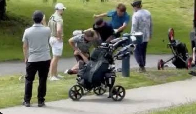 Paramedics called after a wild golf course brawl that included a flying kick to the head