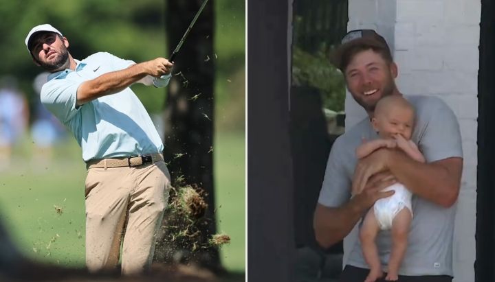 PGA Tour star Sam Burns mimics iconic Lion King scene with Scottie Scheffler’s baby son Bennett while world No. 1 tees off at FedEx Championship